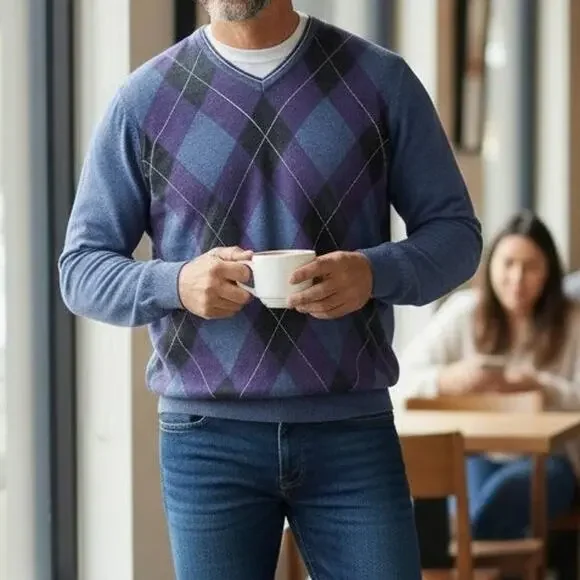 Black Brown 1826 Made in Italy 100% Merino Wool Argyle V-Neck Sweater Men XL - Picture 2 of 12